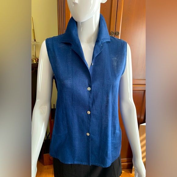 Royal Blue 100% linen button-up shirt mother-of-pearl buttons embroidered collar - Picture 4 of 16